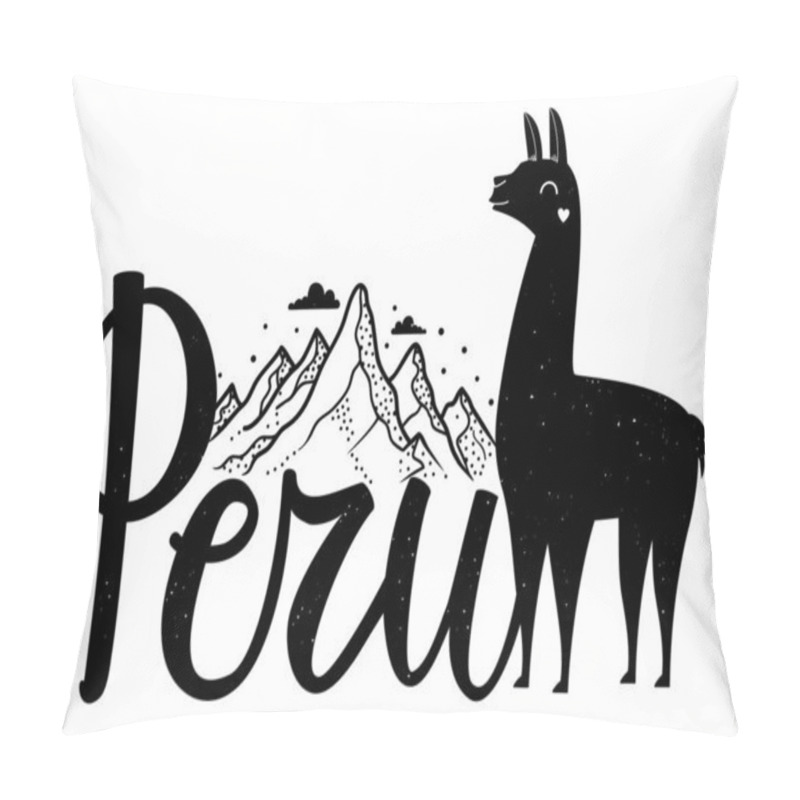 Personality  Vector Illustration With Calligraphy Word Peru, Mountains, Clouds And Smiling Llama With Heart. Pillow Covers