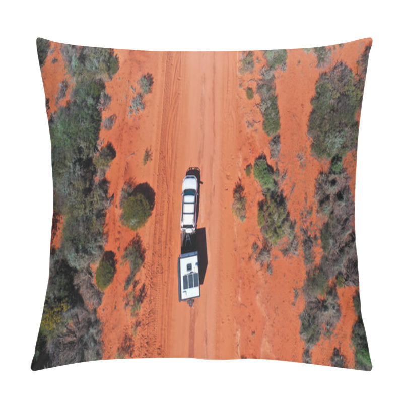 Personality  Aerial Landscape Drone View Of 4WD Vehicle Towing An Off Road Caravan Driving On A Sand Dirt Road At Peron Peninsula In Shark Bay, Western Australia. Pillow Covers