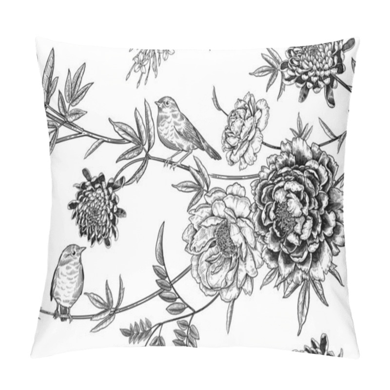 Personality  Two Little Cute Birds On The Branches Of A Tree. Floral Seamless Pattern. Garden Flowers And Leaves. Black And White. Peonies, Chrysanthemums, Jasmine And Roses. Vector Illustration. Vintage Engraving. Pillow Covers