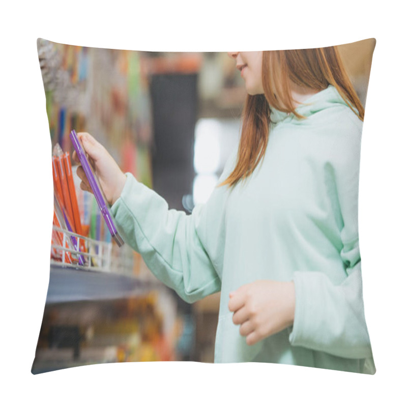 Personality  Partial View Of Schoolgirl Choosing Pencil Set On Rack In Stationery Shop Pillow Covers