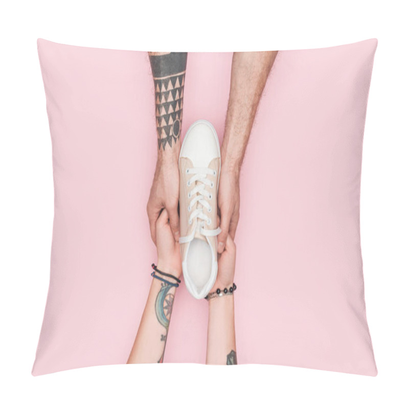 Personality  Cropped View Of Tattooed Couple Holding One Sneaker Isolated On Pink Pillow Covers