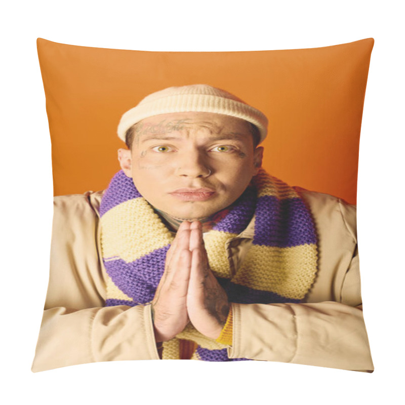 Personality  A Young Man With Intricate Tattoos Expresses Gratitude While Dressed Warmly And Stylishly. Pillow Covers