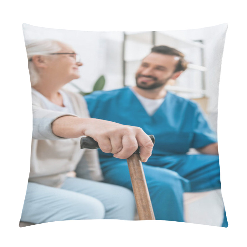 Personality  Close-up View Of Senior Woman Holding Walking Cane And Looking At Smiling Social Worker Pillow Covers