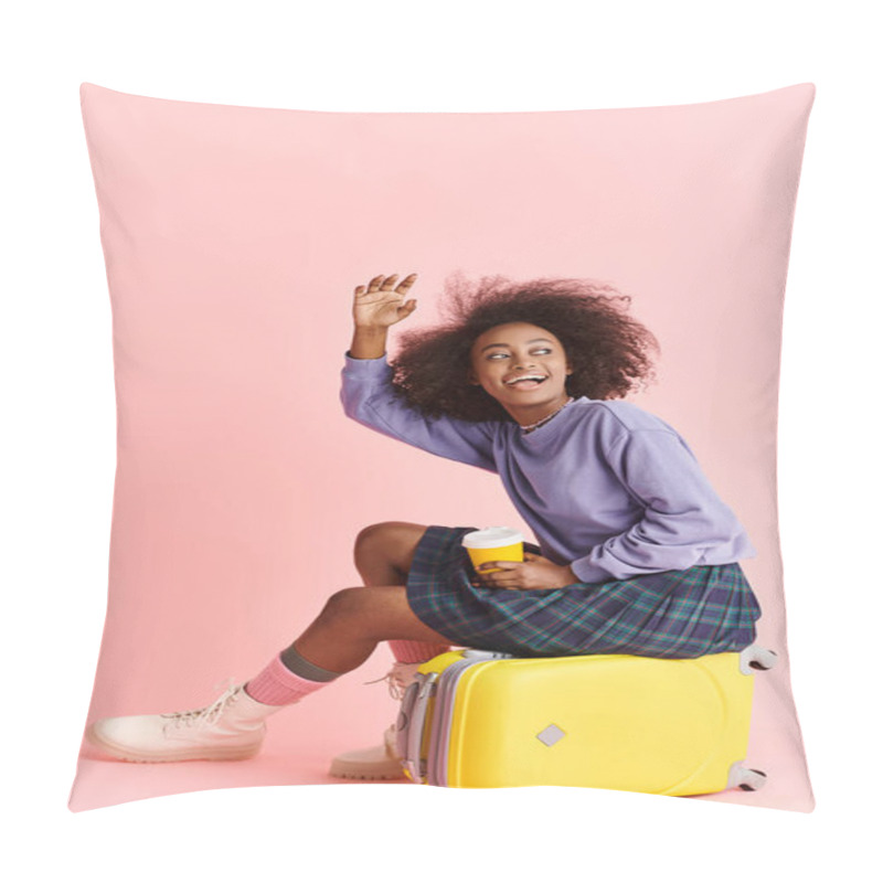 Personality  A Beautiful Young African American Woman Sits Atop A Bright Yellow Suitcase In A Studio Setting, Exuding A Sense Of Wanderlust And Fashion. Pillow Covers