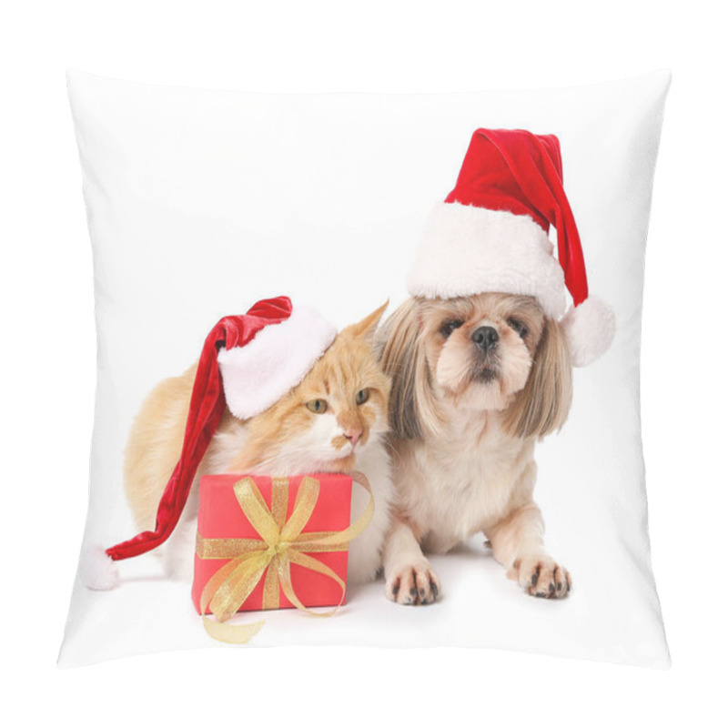 Personality  Cute Cat And Dog In Santa Hats And With Gift On White Background Pillow Covers