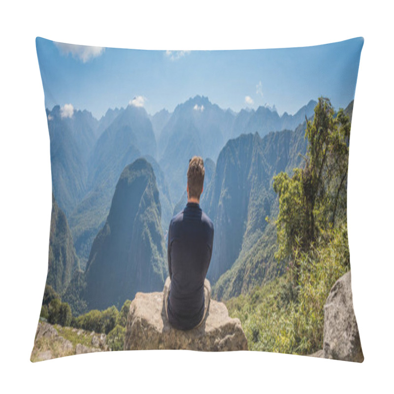 Personality  A Man Staring At The Amazing Landscape Of Machu Picchu. Pillow Covers