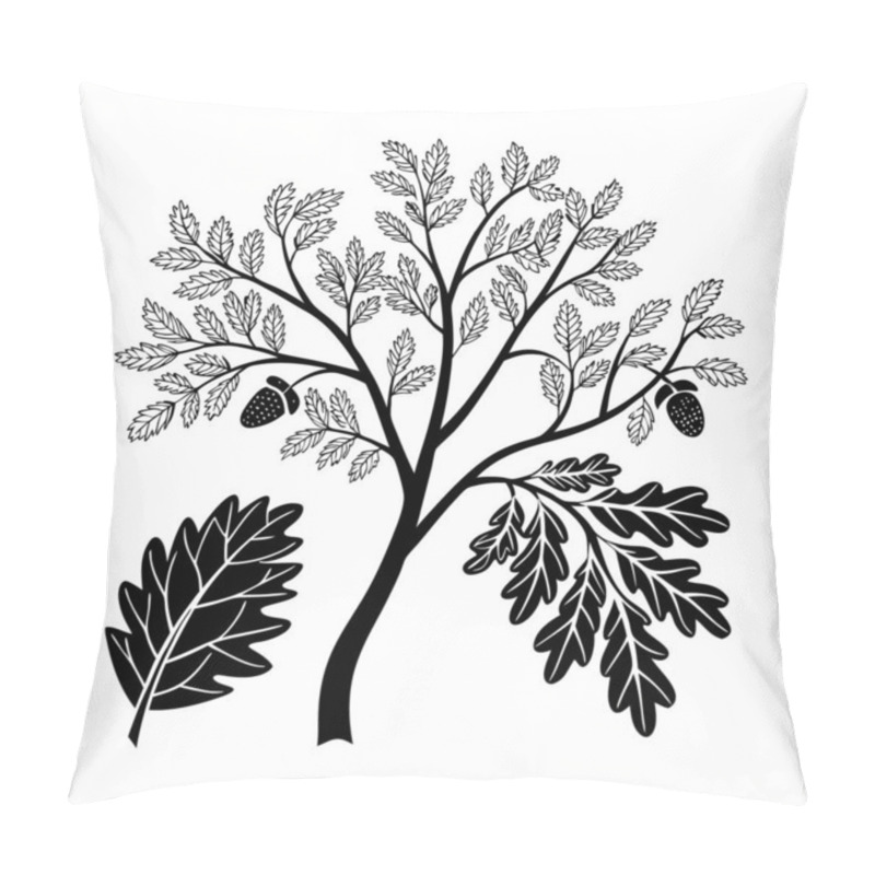 Personality  Decorative Black And White Illustration Of An Oak Tree With Berries And Leaves Pillow Covers