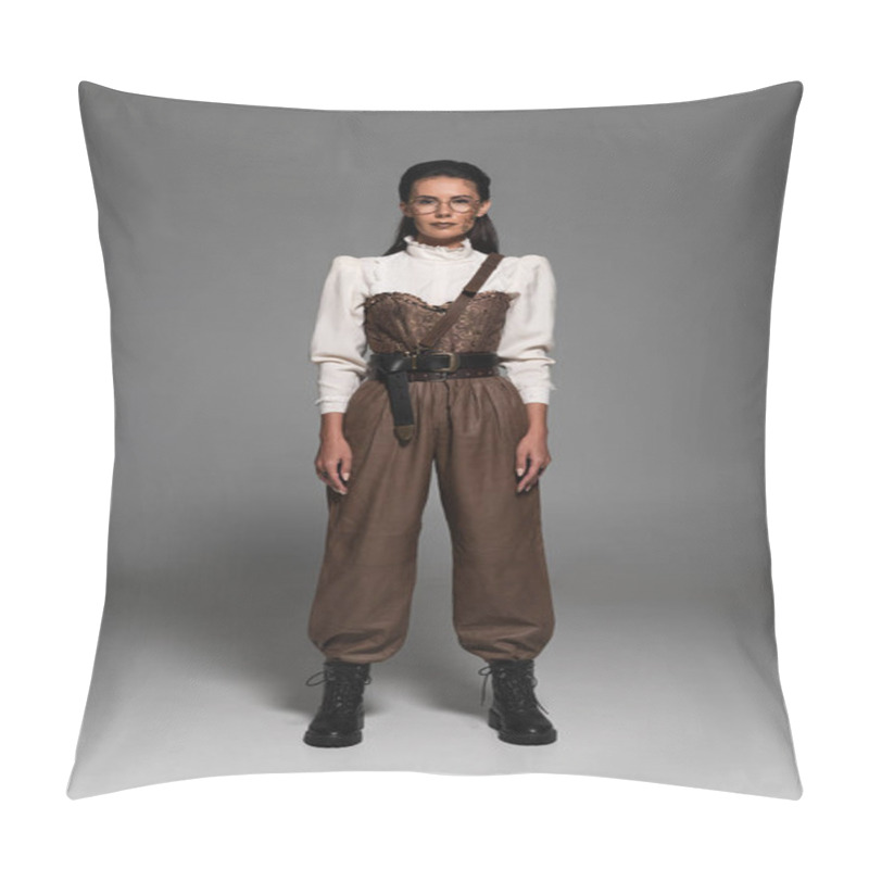 Personality  Full Length View Of Attractive Steampunk Woman In Glasses On Grey Pillow Covers