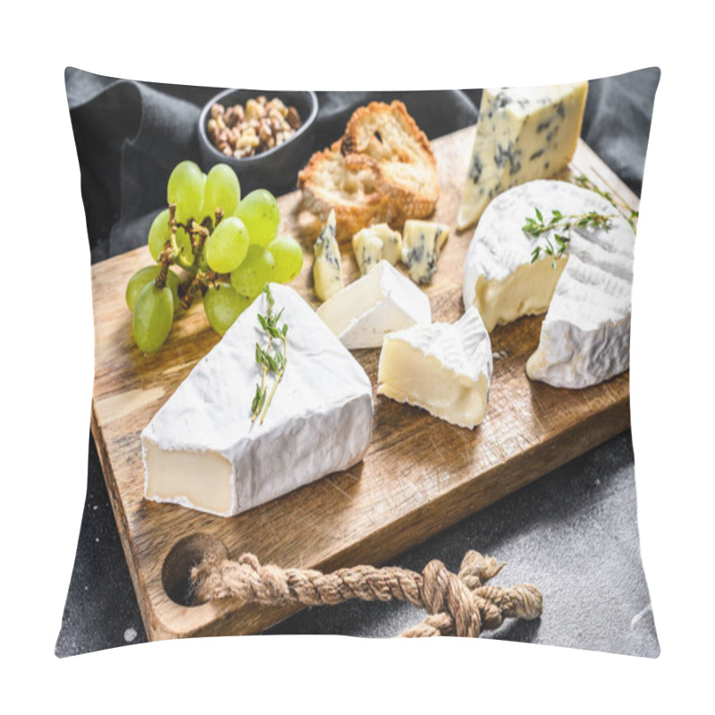 Personality  Cheese Plate With Camembert, Brie And Blue Cheese With Grapes And Walnuts. Black Background. Top View. Pillow Covers