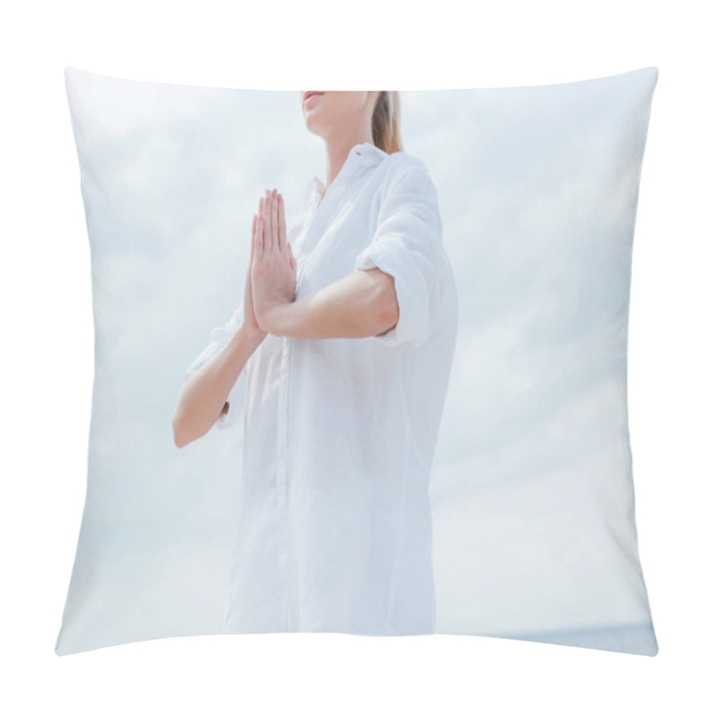 Personality  Cropped View Of Woman Standing With Praying Hands Near Sea  Pillow Covers