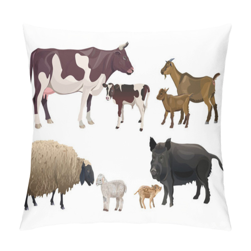 Personality  Farm Animals And Their Kids. Cow, Goat, Sheep And Pig. Vector Illustration Isolated On White Background Pillow Covers