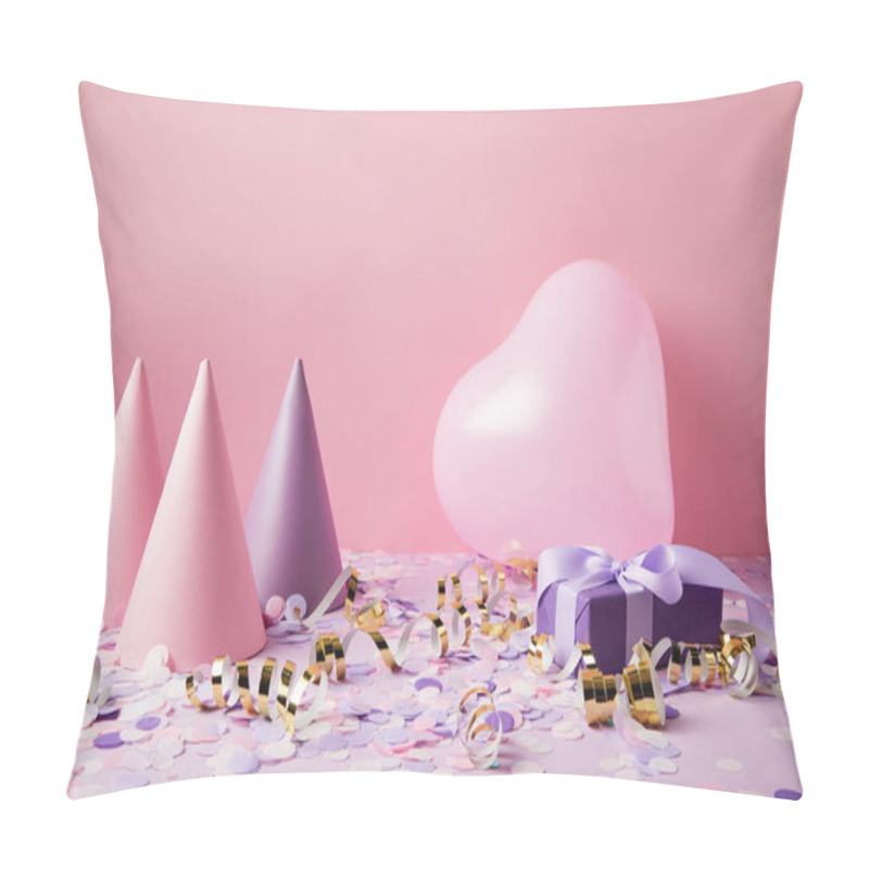 Personality  Heart Shaped Balloon, Party Hats And Present On Violet Tabletop Pillow Covers