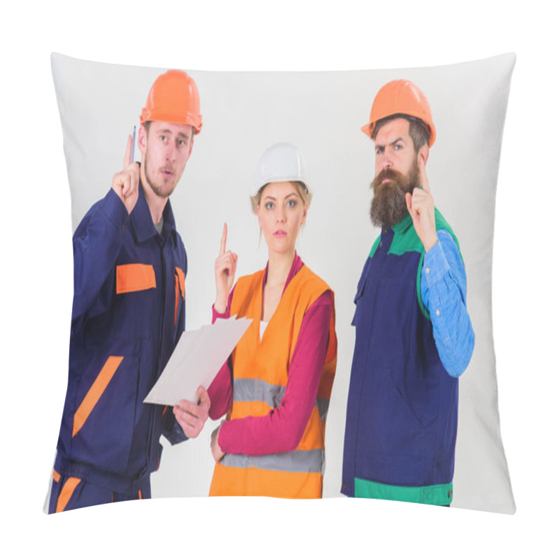 Personality  Men In Hard Hats, Uniform And Woman. Builder And Engineer Pillow Covers