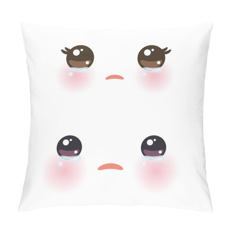 Personality  Kawaii Funny Muzzle With Pink Cheeks And Big Eyes Cute Cartoon Crying Face On White Background. Vector Illustration Pillow Covers