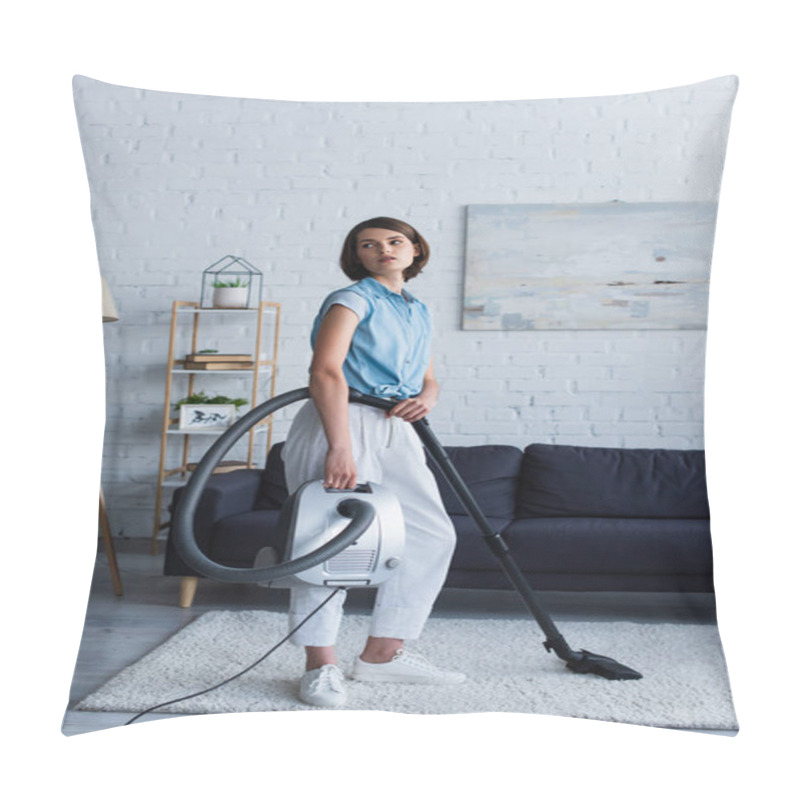 Personality  Young Woman Holding Vacuum Cleaner On Carpet In Living Room  Pillow Covers