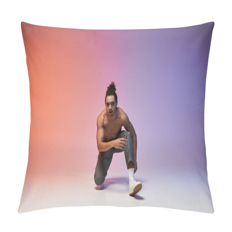 Personality  A Young African American Man Dances In A Studio Setting, Posed Against A Pink And Purple Gradient Background. Pillow Covers