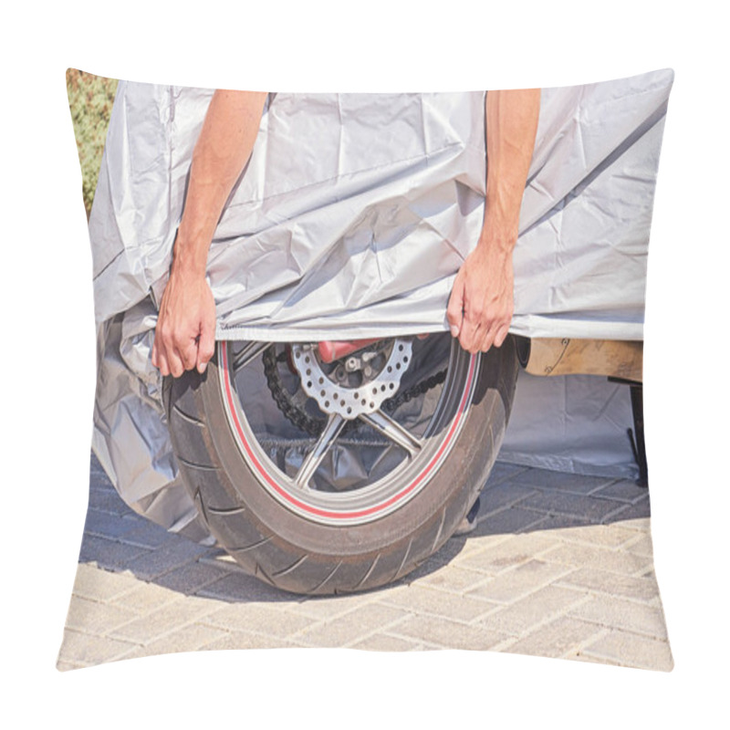 Personality  Parked Outdoor Motorbike Covered With Protective Fabric Shield From Rain And Overheating Pillow Covers