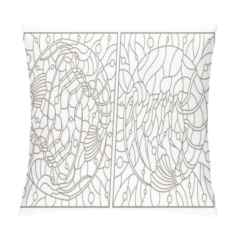 Personality  Set Of Contour Illustrations In Stained Glass Style With Shrimps On A Background Of Water And Air Bubbles, Dark Contours On A White Background, Square Images Pillow Covers