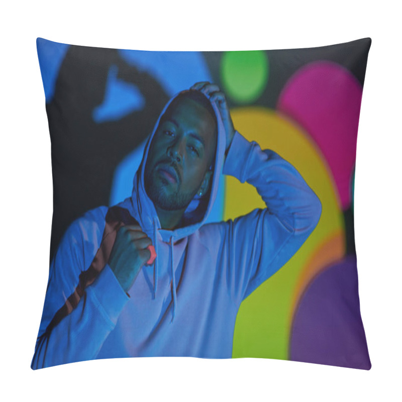 Personality  Portrait Of Young Man With Hood On Looking At Camera In Digital Projector Lights, Fashion Concept Pillow Covers