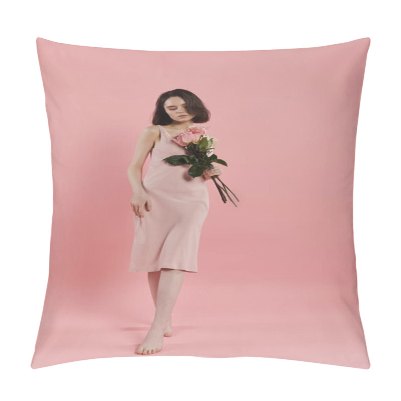 Personality  A Woman Walks In Pink Holding Pink Roses Against A Pink Backdrop. Pillow Covers