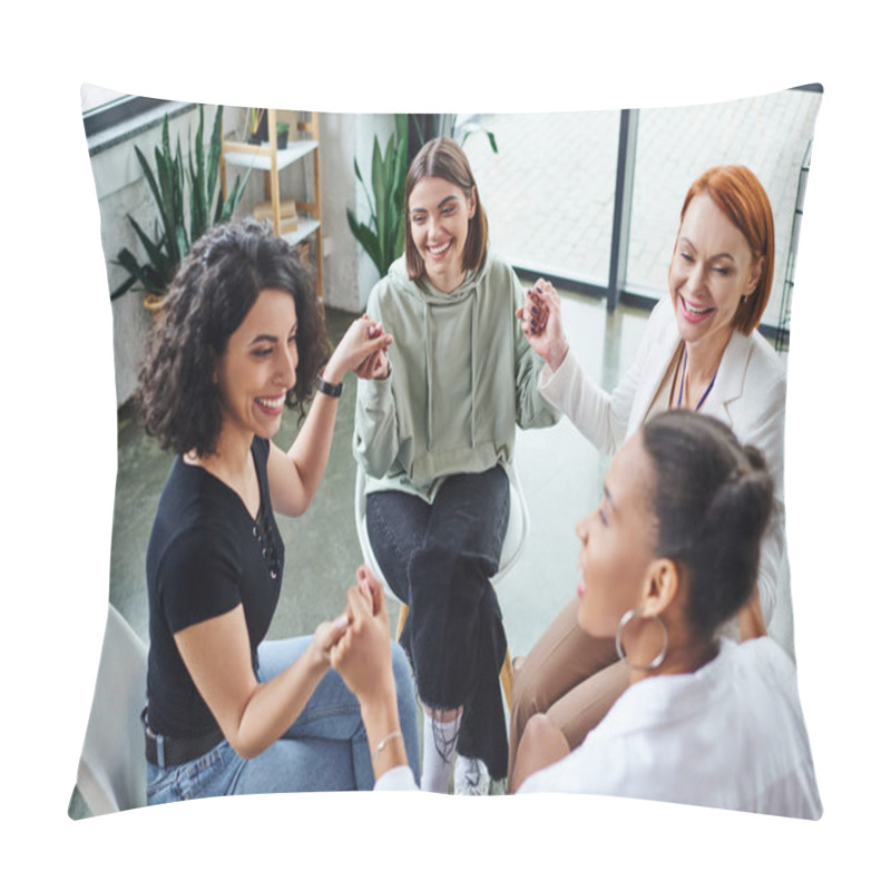 Personality  Cheerful Multicultural Female Friends And Redhead Motivation Coach Holding Hands And Communicating During Group Therapy In Consulting Room, Friendship And Mental Wellness Concept Pillow Covers