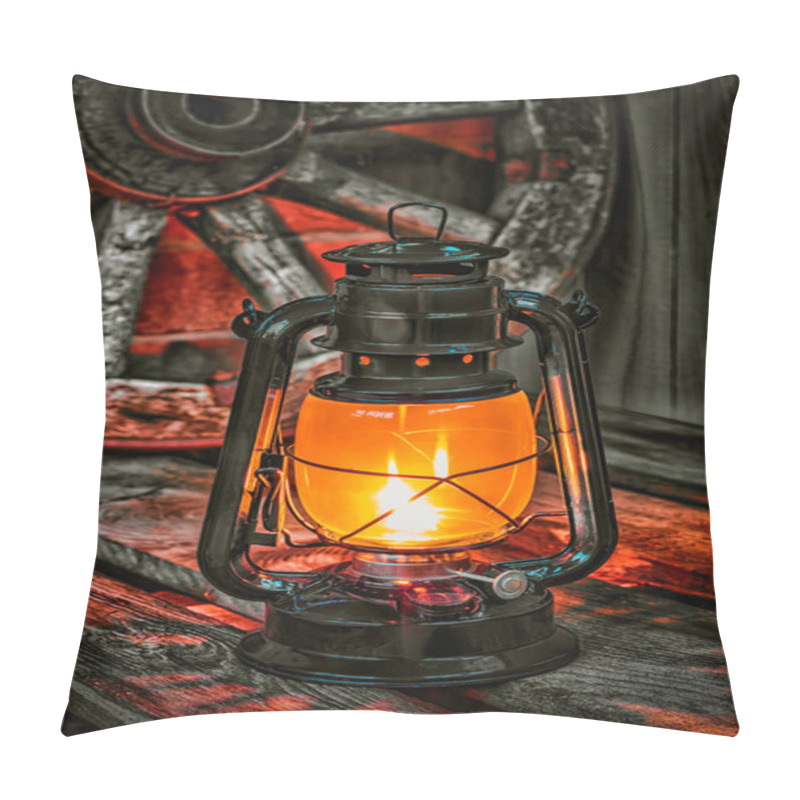 Personality  Kerosene Lamp  Against The Background Wagon Wheel Pillow Covers