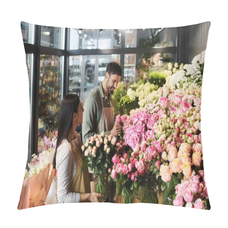 Personality  A Married Couple Joyfully Arranges Beautiful Roses And Plants In Their Florist Shop. Pillow Covers