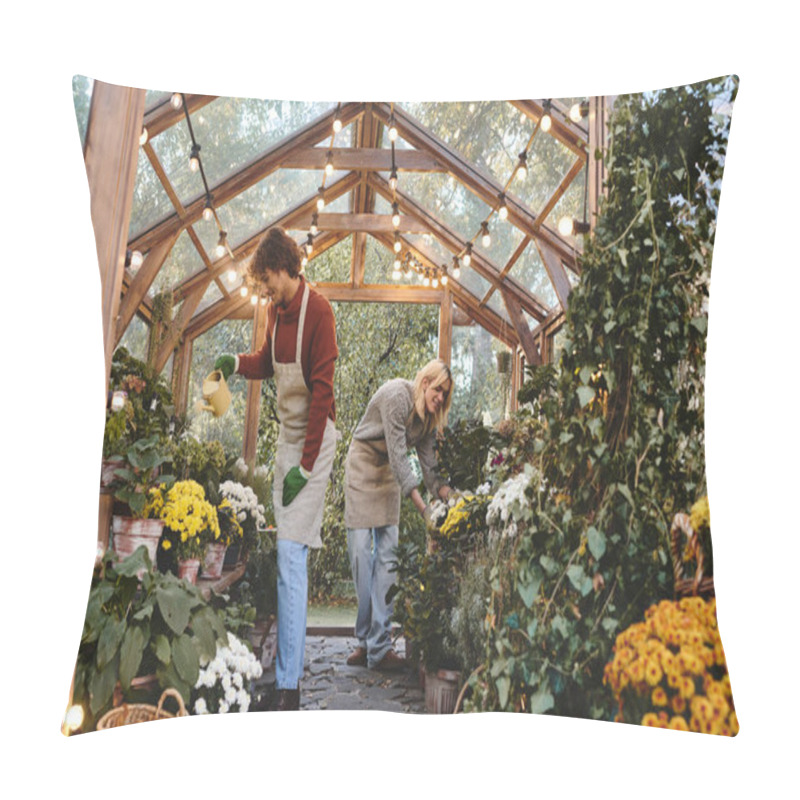 Personality  Young Loving Gay Couple Enjoy A Peaceful Afternoon In A Beautifully Lit Greenhouse, Surrounded By Colorful Flowers And Greenery, While Nurturing Their Love For Gardening Together. Pillow Covers