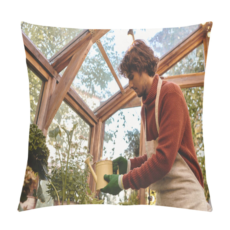 Personality  Amidst A Vibrant Greenhouse, A Young And Handsome Man Lovingly Waters A Variety Of Plants. Sunlight Filters Through The Glass, Illuminating His Green Gloves And Thoughtful Expression. Pillow Covers