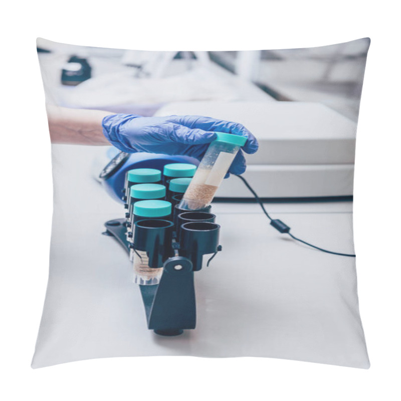 Personality  Cropped Image Of Biologist During Work With Tubes In Modern Laboratory  Pillow Covers