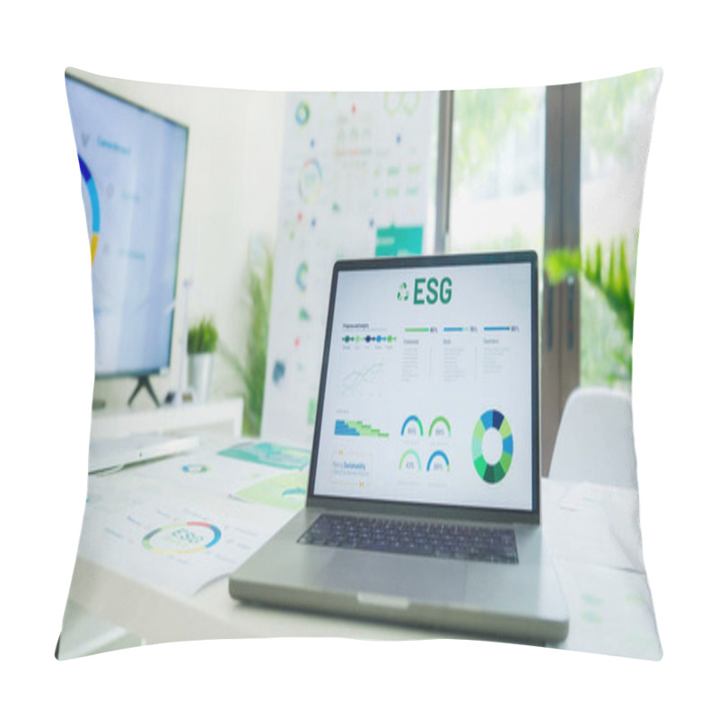 Personality  ESG ( Environment, Social,governance) Recycle Sign On Laptop Screen With Carbon Free Chart Board In Office Pillow Covers