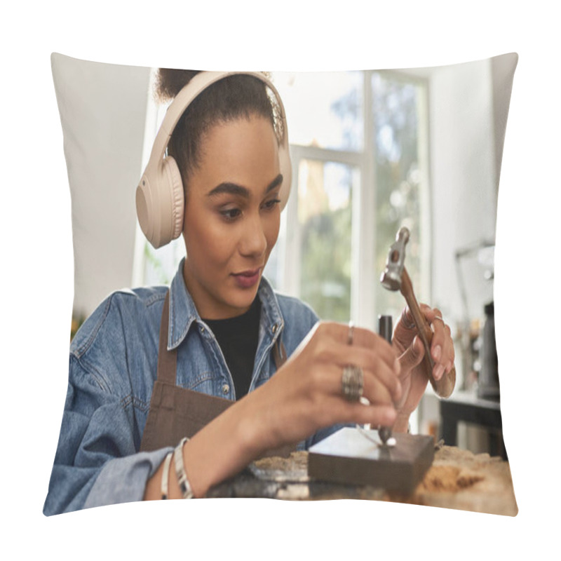 Personality  A Talented Woman Delicately Works On Creating Exquisite Jewelry While Wearing Headphones. Pillow Covers