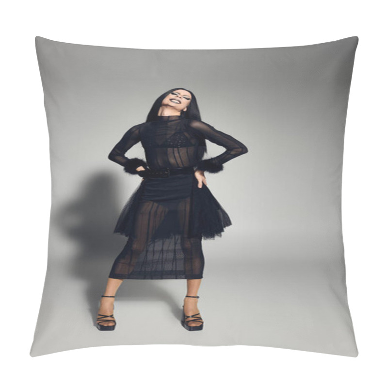 Personality  A Drag Queen Dons An Exquisite Black Outfit, Striking A Pose With Confidence And Elegance In The Studio. Pillow Covers