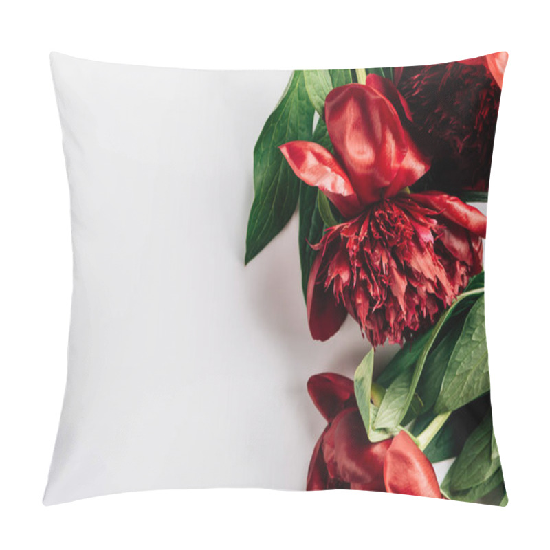 Personality  Top View Of Red Peonies With Green Leaves On White Background Pillow Covers