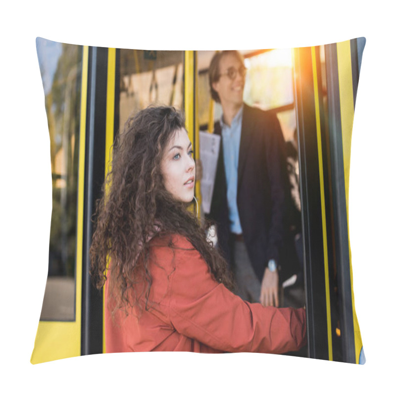 Personality  Young Woman Entering Bus Pillow Covers