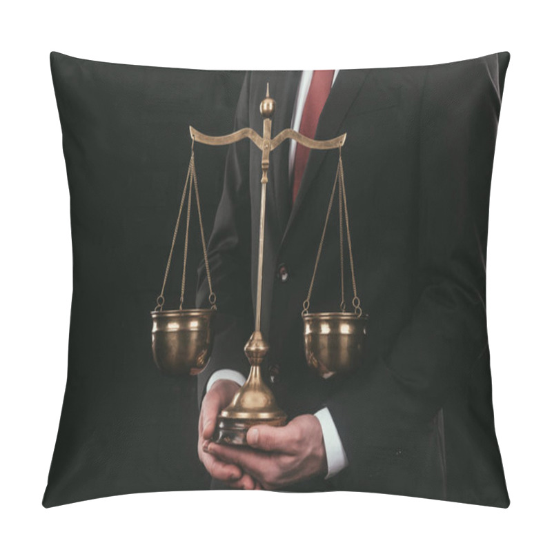 Personality  Cropped Shot Of Lawyer Holding Themis Scales Isolated On Black Pillow Covers