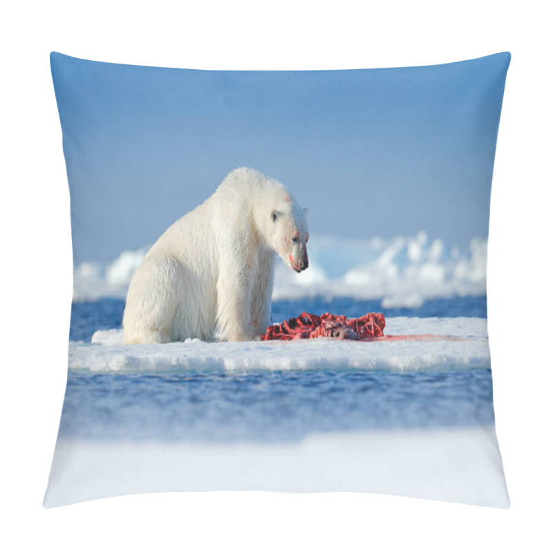 Personality  White Polar Bear Eating Killed Seal On Drift Ice With Snow, Manitoba, Canada. Bloody Nature With Big Animal. Arctic Wildlife Pillow Covers