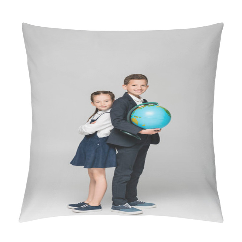 Personality  Happy Schoolboy Holding Globe While Standing With Girl In Dress On Grey Pillow Covers