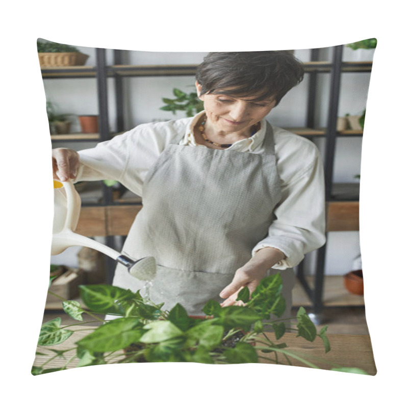 Personality  A Gardener Cares For Her Greenery While Enjoying Time In Her Studio. Pillow Covers