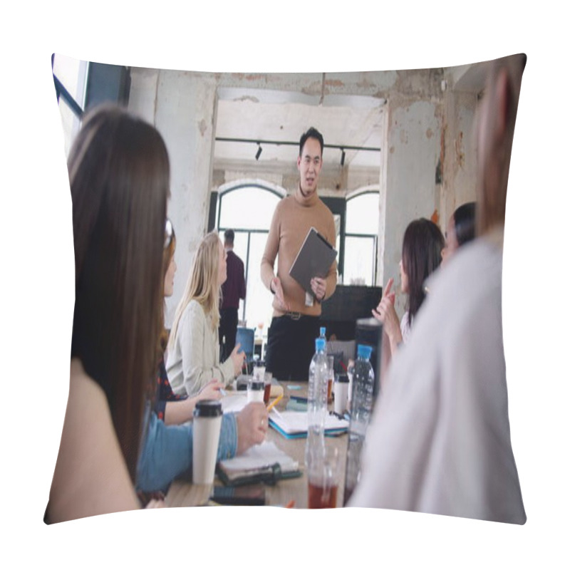 Personality  Happy Young Adult Asian Business Coach Man Giving A Speech For Multiethnic Team At Modern Office Workplace Slow Motion. Pillow Covers