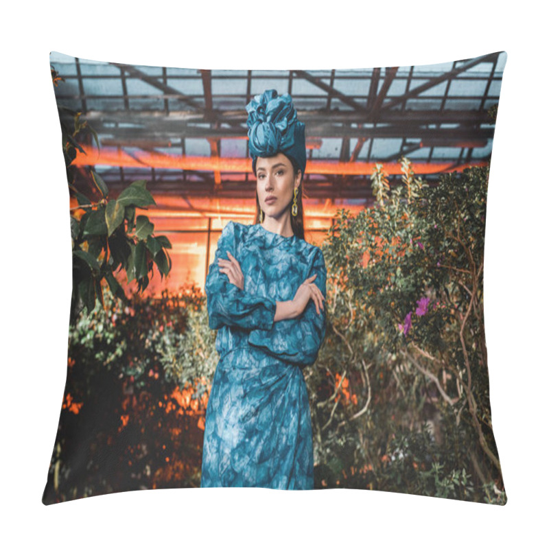 Personality  Gorgeous Young Woman In Blue Dress In Turban In Orangery Pillow Covers