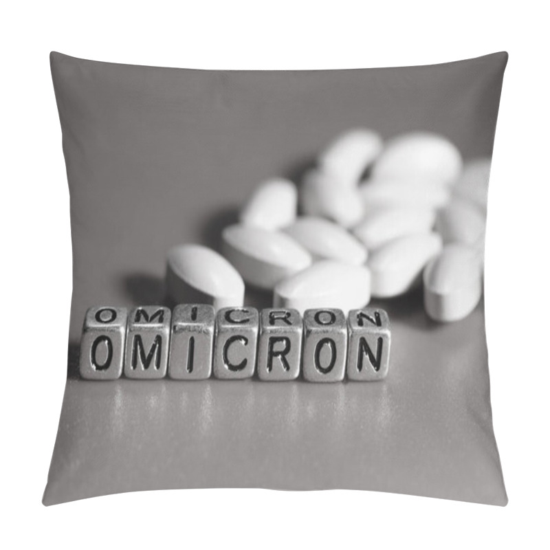 Personality  Omicron Antiviral Tablets. Antiviral Drugs. Inscription Omicron From Letters Pillow Covers