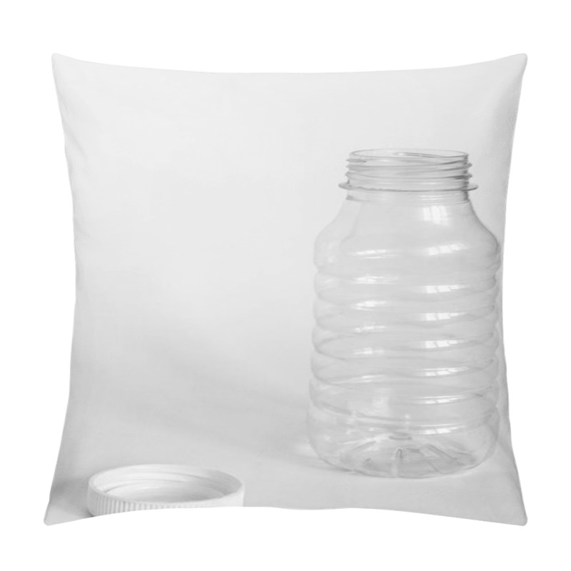 Personality  Empty Transparent Open Plastic Bottle Without Cap, Cap Lies Next To A White Background, Concept Of Debris Removal Pillow Covers