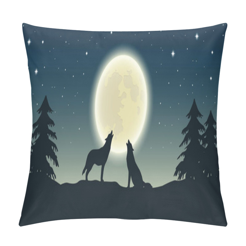 Personality  Two Wolves Howl At The Full Moon In Forest Landscape Pillow Covers