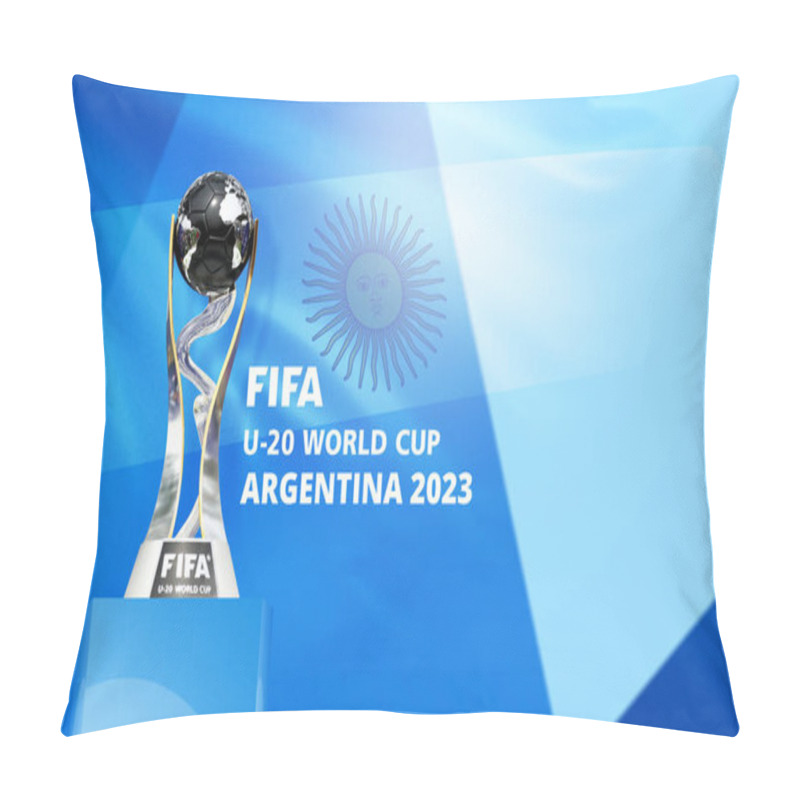 Personality  Karachi, Pakistan - March 09: FIFA U-20 World Cup Argentina 2023 Stadium With Trophy 3d Rendering Illustration. Pillow Covers