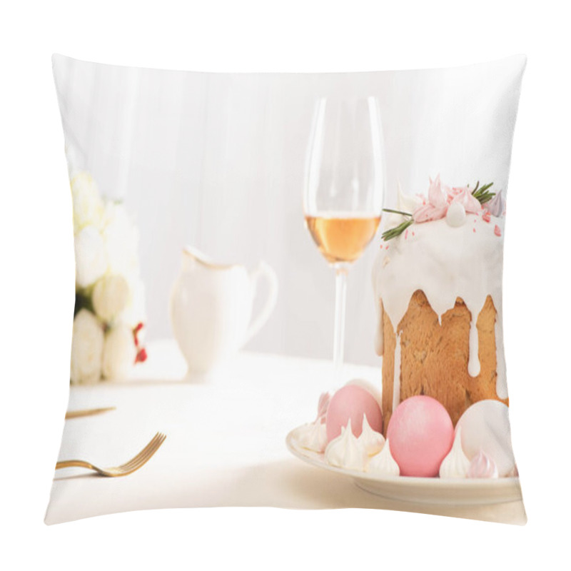 Personality  Selective Focus Of Delicious Easter Cake Decorated With Meringue With Pink And White Eggs On Plate Near Wine Glass And Flowers Pillow Covers