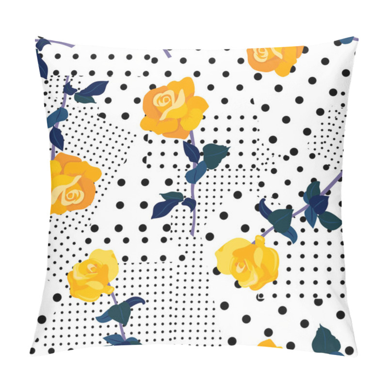 Personality  White Seamless Pattern With Yellow Roses And Black Dots. Pillow Covers