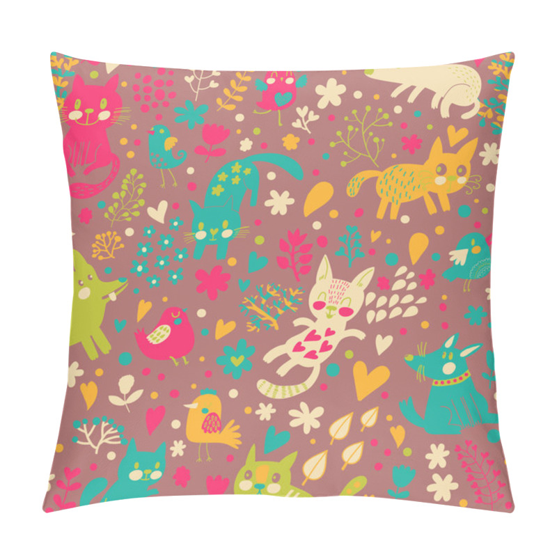 Personality  Bright Childish Seamless Pattern With Birds, Cats And Funny Dogs Pillow Covers