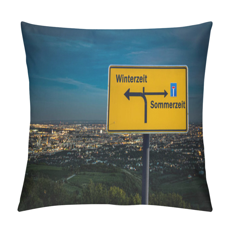 Personality  An Image With A Signpost In German Pointing Towards Winter Time. Pillow Covers