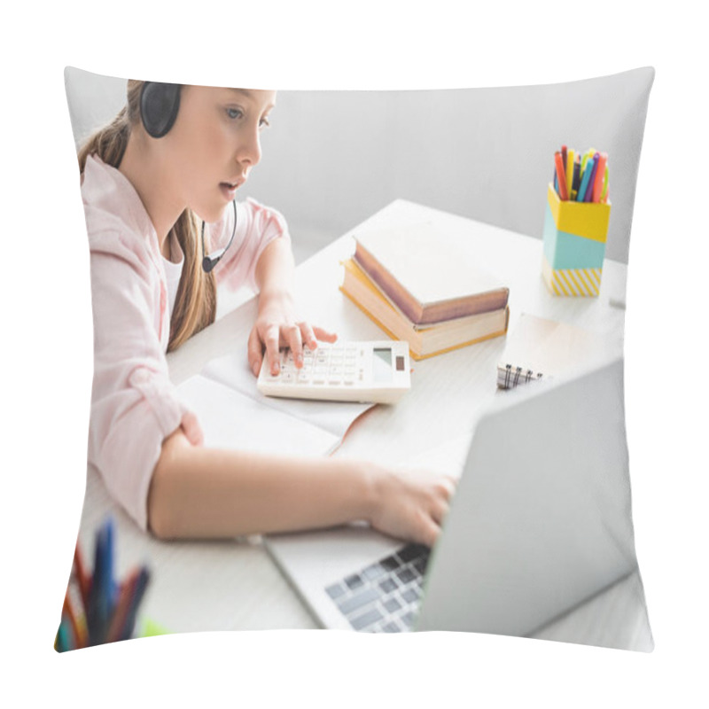 Personality  Selective Focus Of Kid In Headset Using Laptop And Calculator During Online Education  Pillow Covers